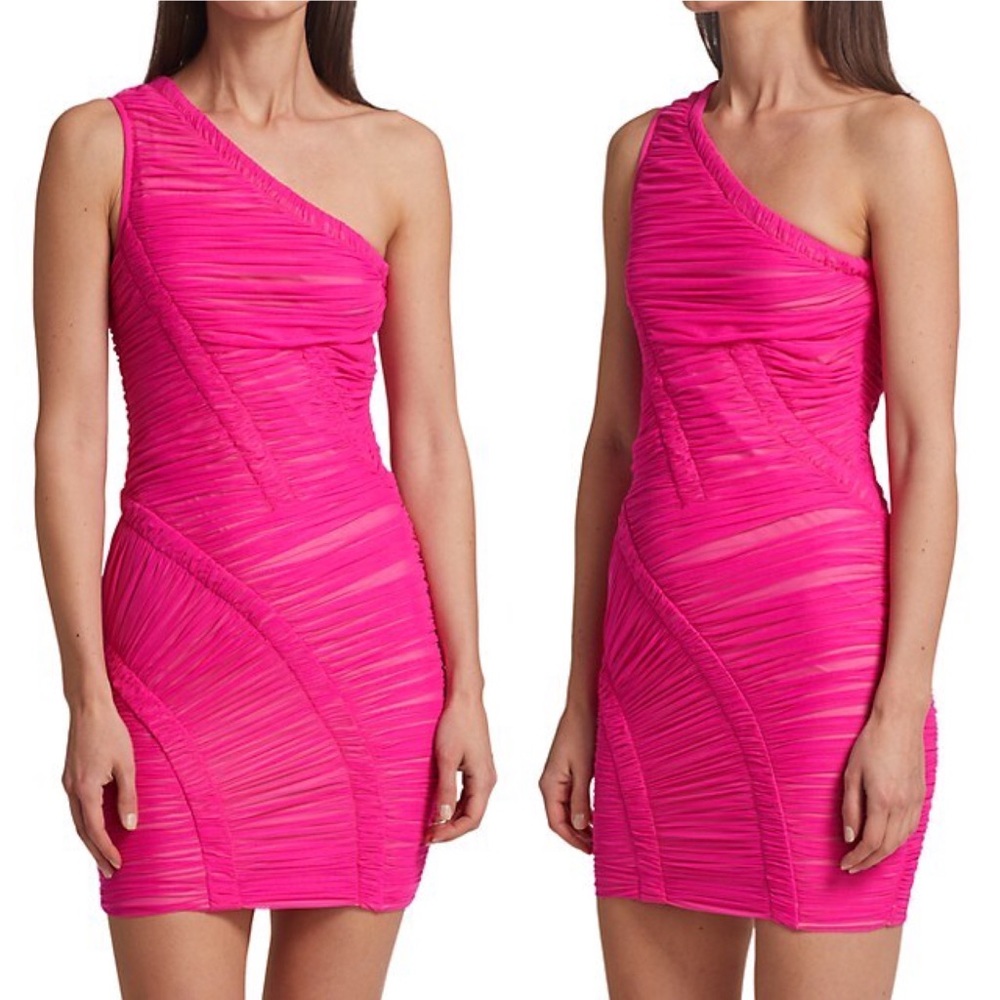 💞NWT HERVE LEGER one-shoulder draped jersey mini dress in neon Pink, size M